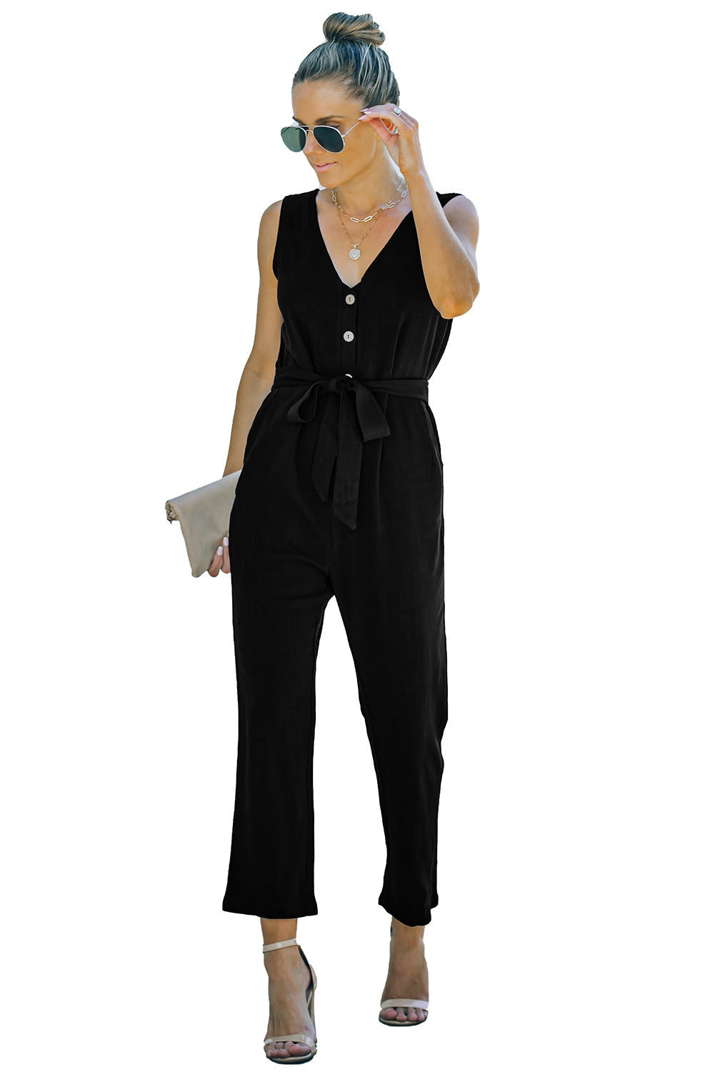 Black V Neck Button Belted Jumpsuit with Pockets