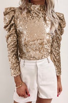 Sequin Mock Neck Bubble Sleeve Top