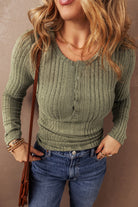 Ribbed Knit Half Button Slim Fit Blouse