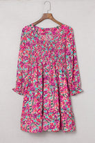 Purple Smocked V Neck Puffy Sleeve Floral Dress