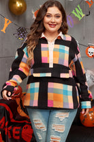 Plus Size Checkered Print Sherpa Henley Sweatshirt