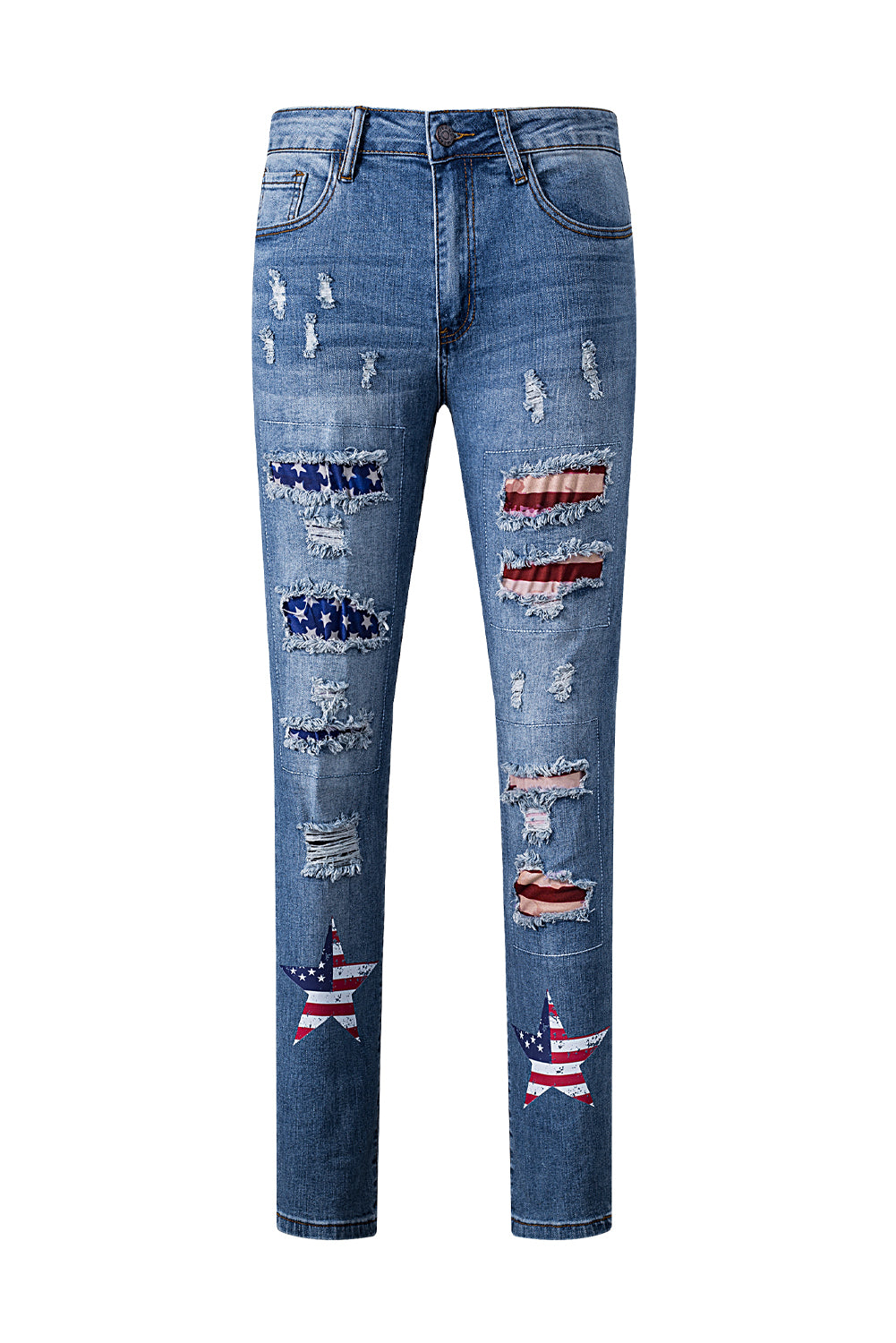 Sky Blue American Flag Patched Distressed Jeans