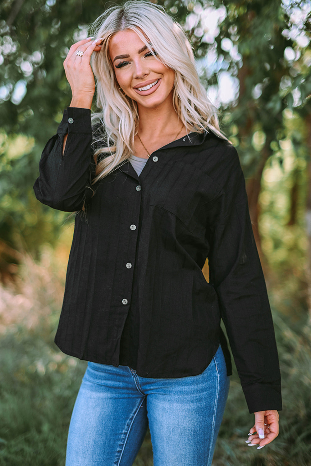 Textured Buttoned Pocket Long Sleeve Shirt