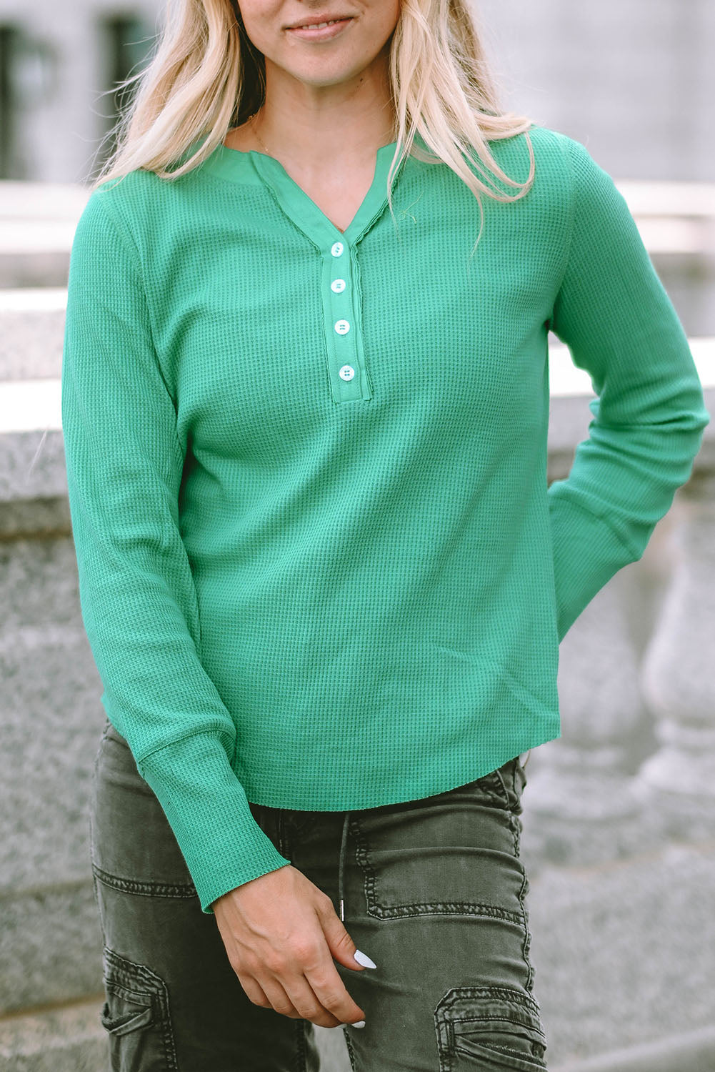 Trimmed Neckline Waffle Knit Henley Top