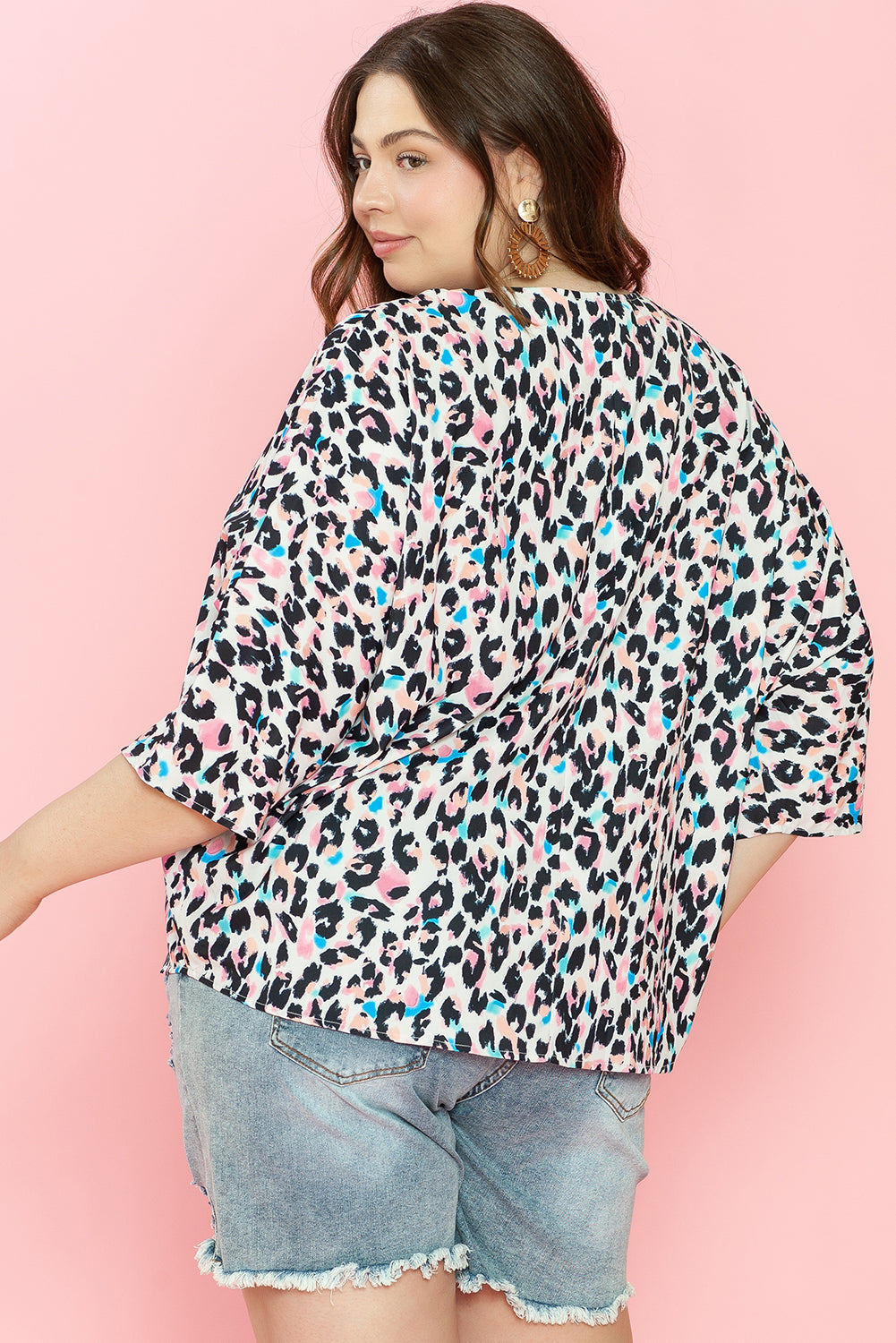 Leopard Print V Neck Batwing Sleeve Plus Size Top