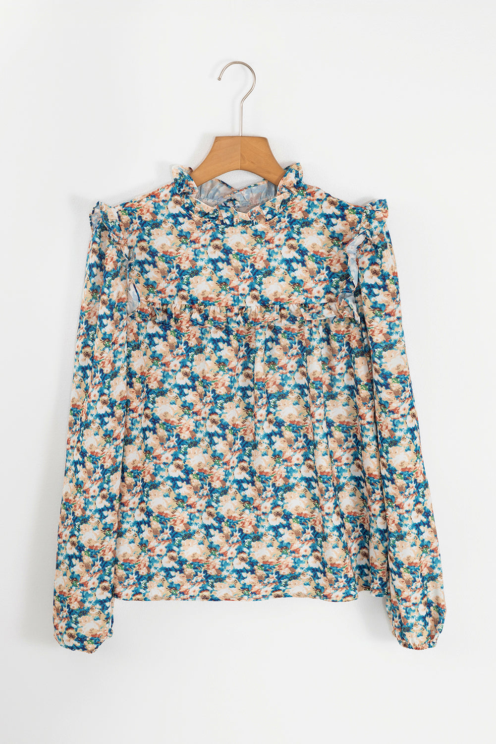 Floral Print Frilled Mock Neck Puff Sleeve Blouse