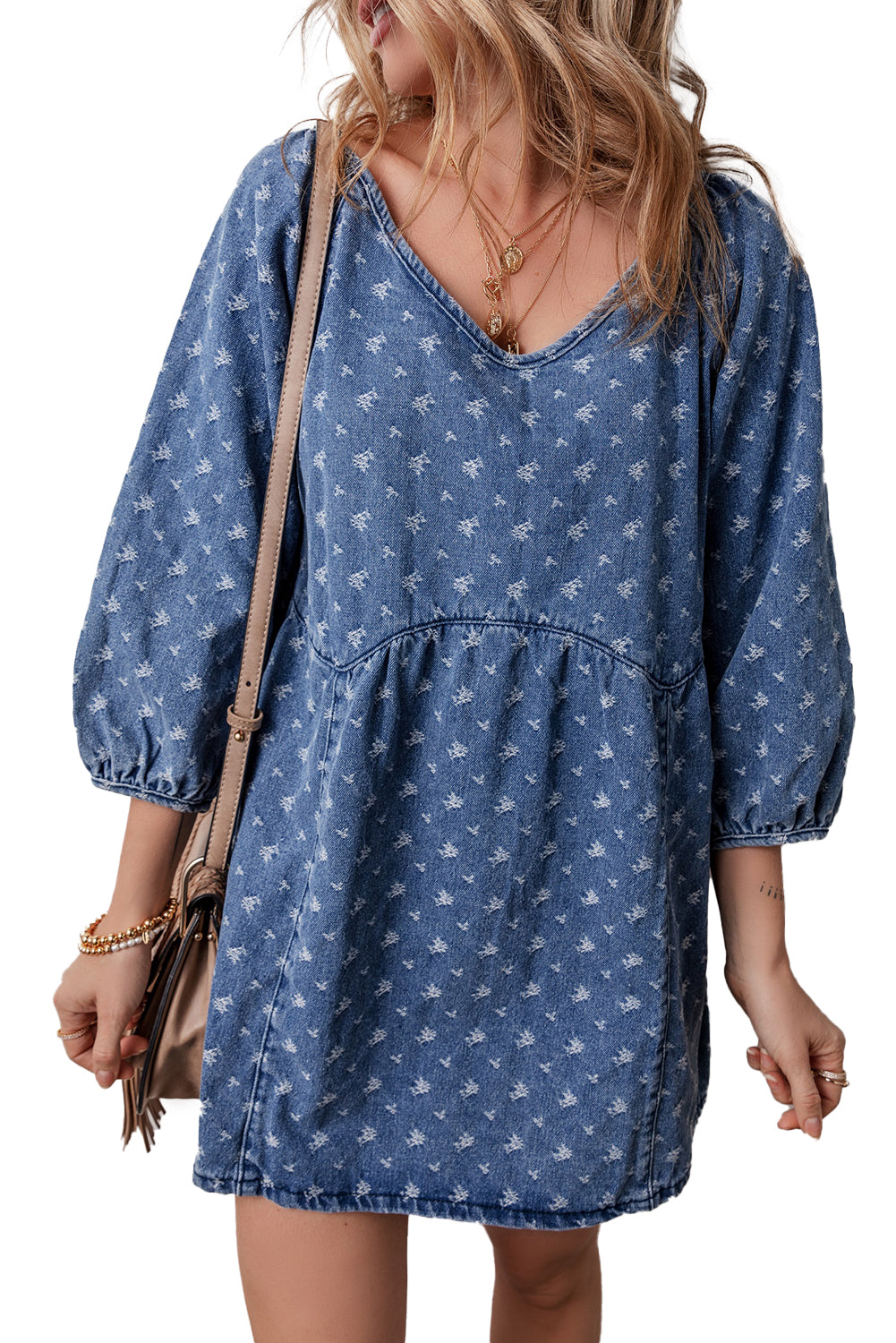 Textured Open Back Loose Fit Denim Dress