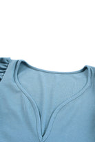 Sky Blue Ribbed Knit V Neck Ruched Sleeve Top