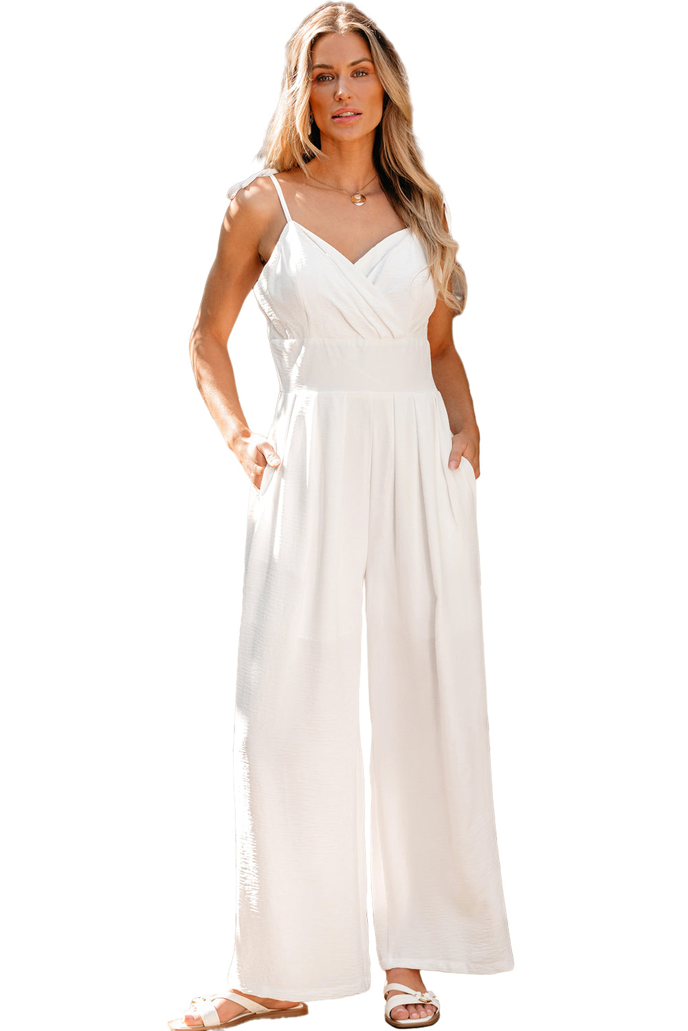 Spaghetti Straps Pleated High Waist Wide Leg Jumpsuit