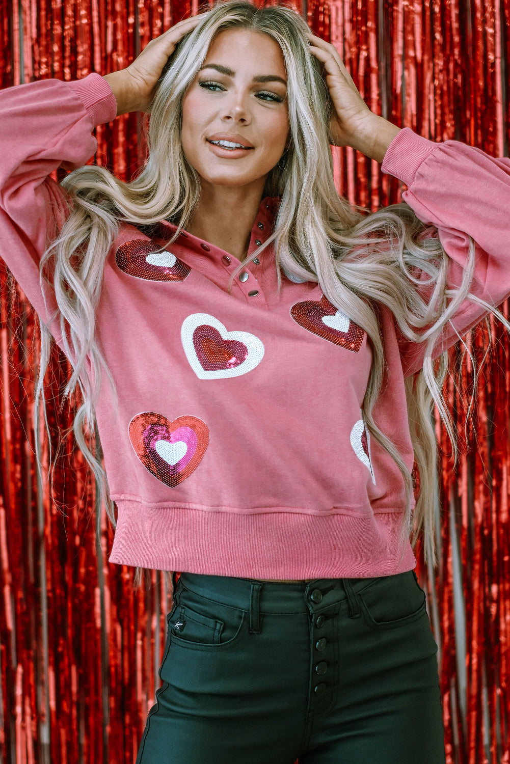 Mineral Wash Sequin Heart Snap Buttons Collared Sweatshirt