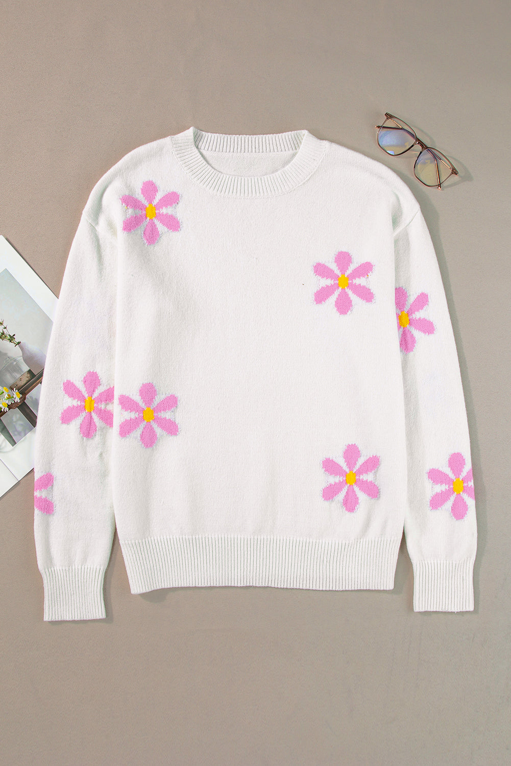 Flower Pattern Ribbed Edge Elegant Sweater