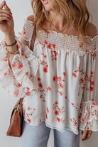 Floral Print Shirred Off Shoulder Ruffled Sleeve Blouse