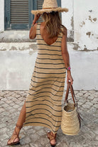 Stripe Print Open Back Sleeveless Maxi Dress with Slits