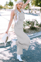 Textured Self-Tie Strap Wide-Leg Overalls