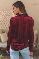 Frilled Neck Buttoned Front Velvet Top