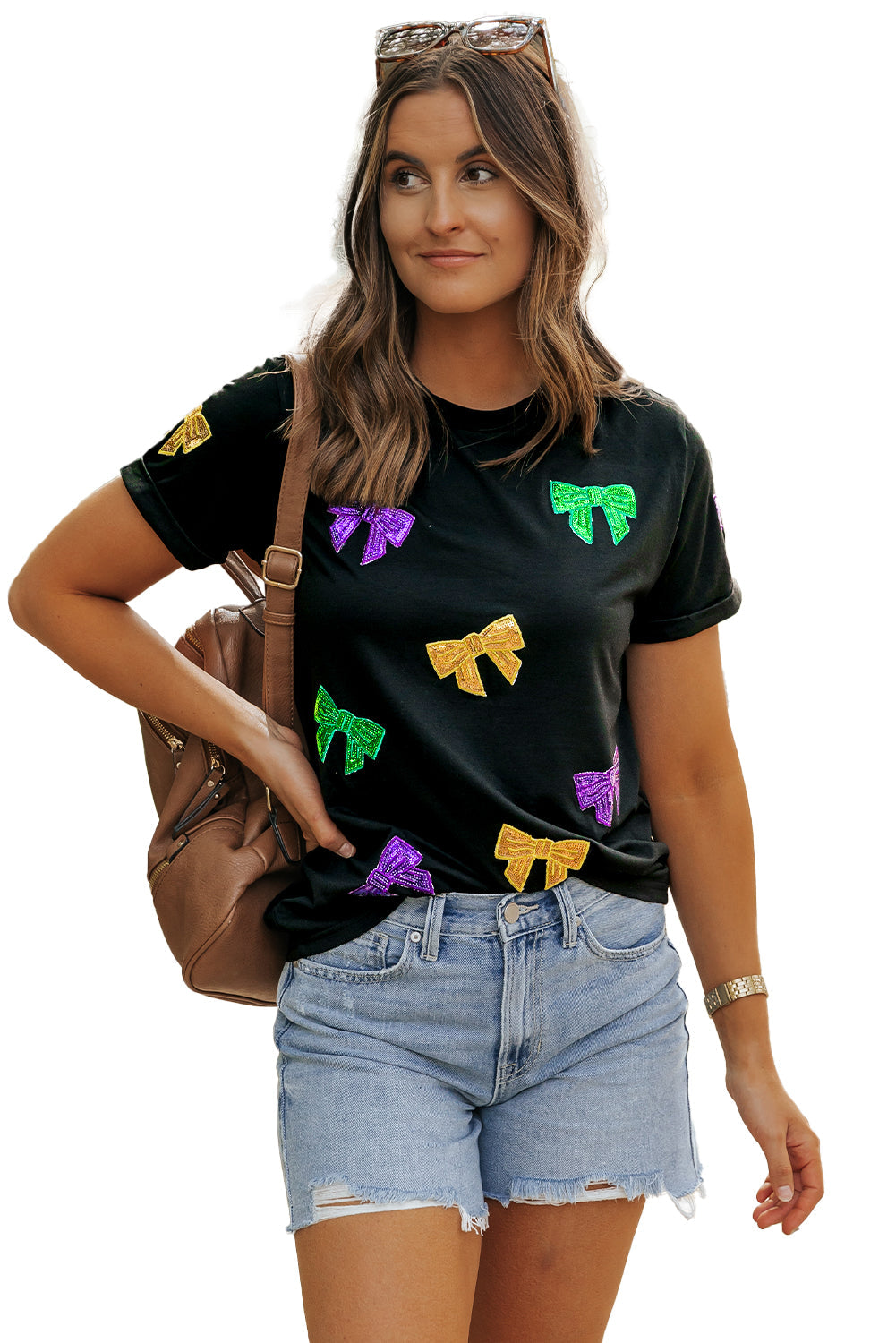 Mardi Gras Sequin Bow Knot Crew Neck T Shirt