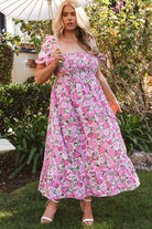 Plus Size Floral Print Smocked Puff Sleeve Dress