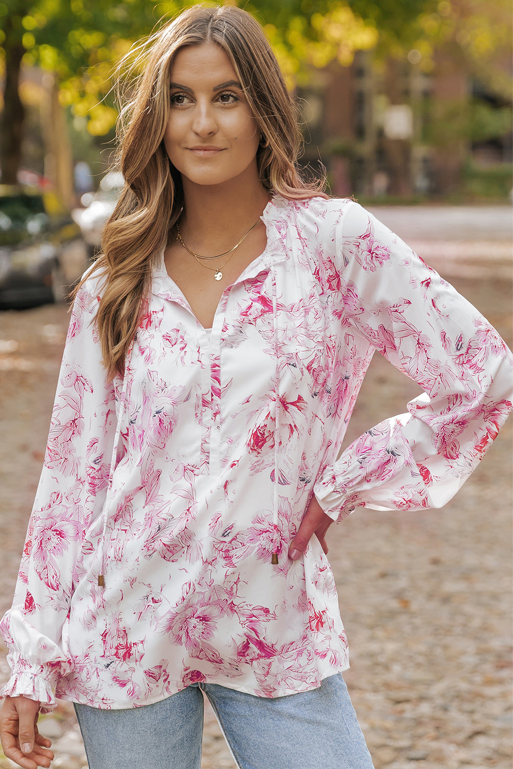 Vibrant Floral Printed Ruffle Trim Blouse