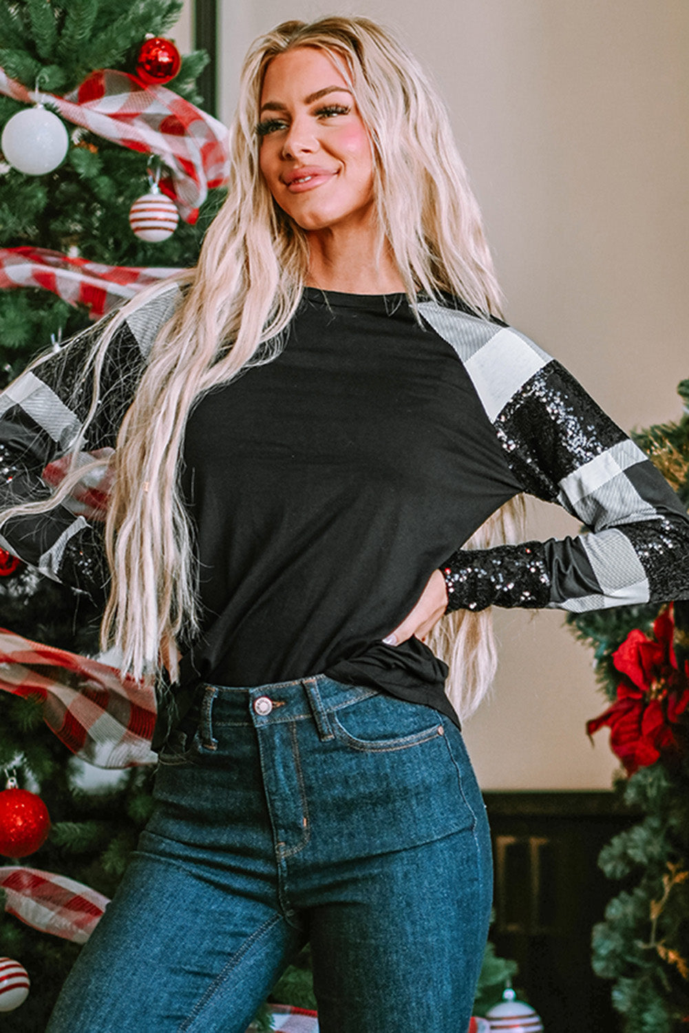 Sequin Plaid Patchwork Raglan Sleeve Top