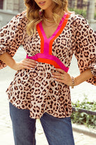 Cheetah Color Block V Neck Balloon Sleeve Babydoll Blouse