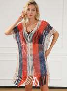 Striped Tassel Crochet V Neck Beach Cover Up