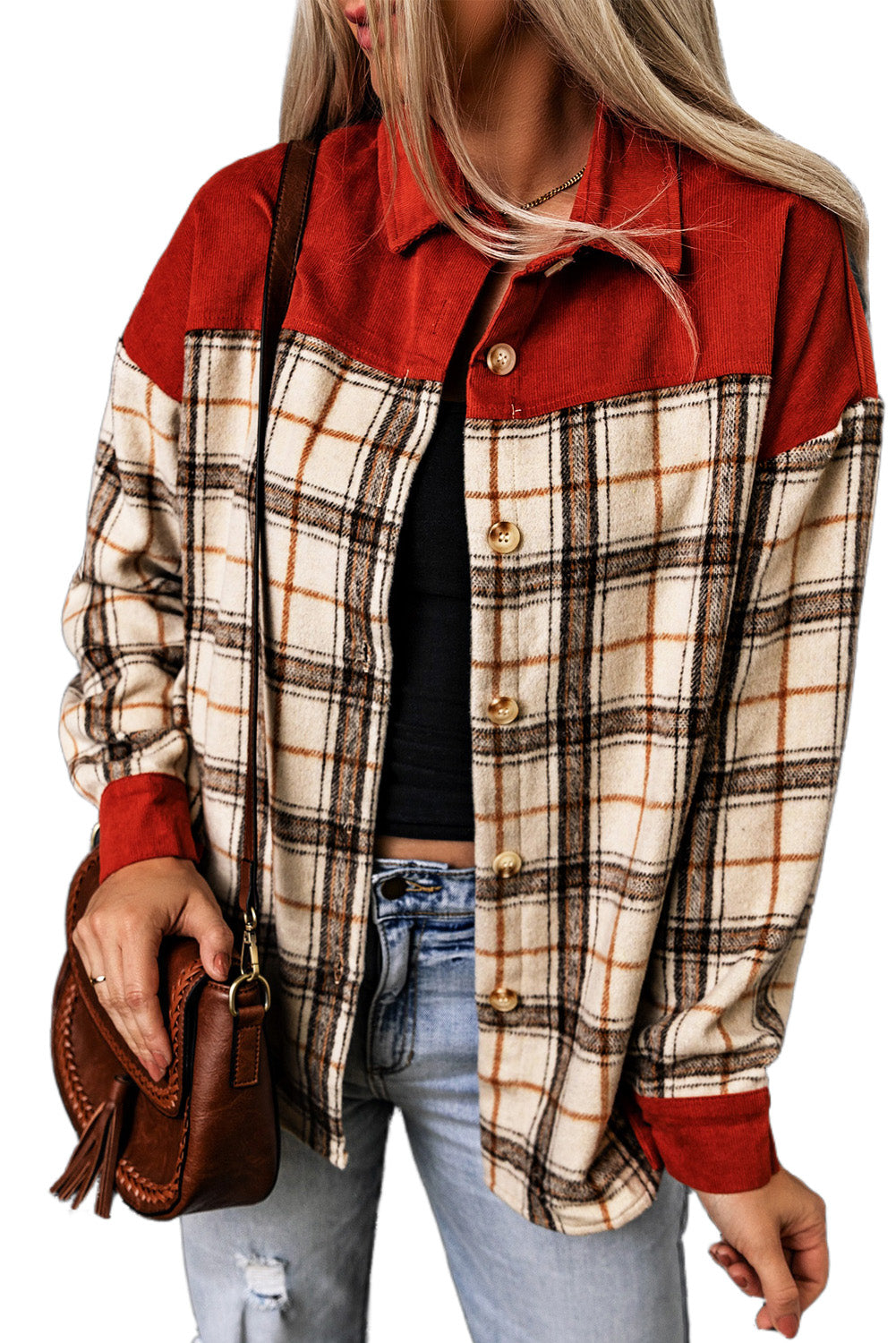 Orange Contrast Corduroy Plaid Shacket