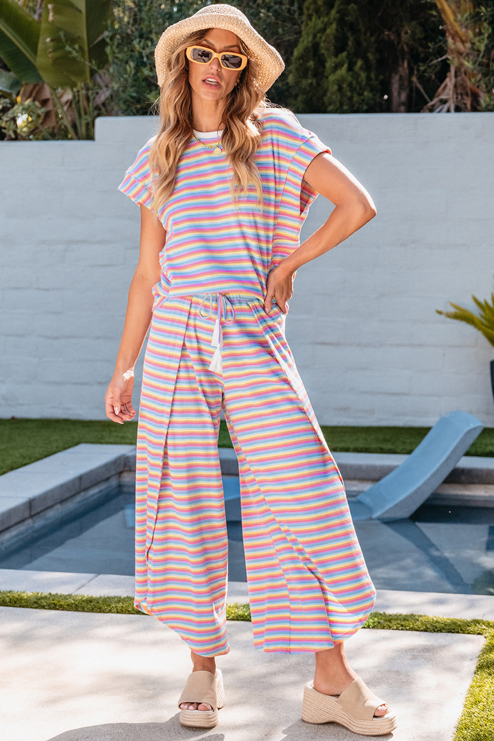 Rainbow Tee Tasseled String Wide Leg Pants Set