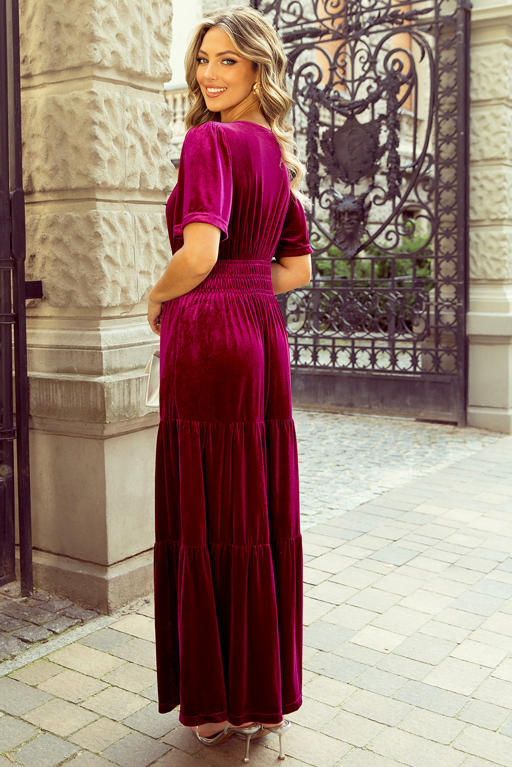 Velvet Short Sleeve Shirred Waist Tiered Maxi Dress