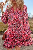 Abstract Printed Tassel Tied Neck Long Sleeve Ruffled Mini Dress