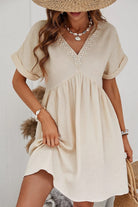 Folded Short Sleeve Lace V Neck Mini Dress