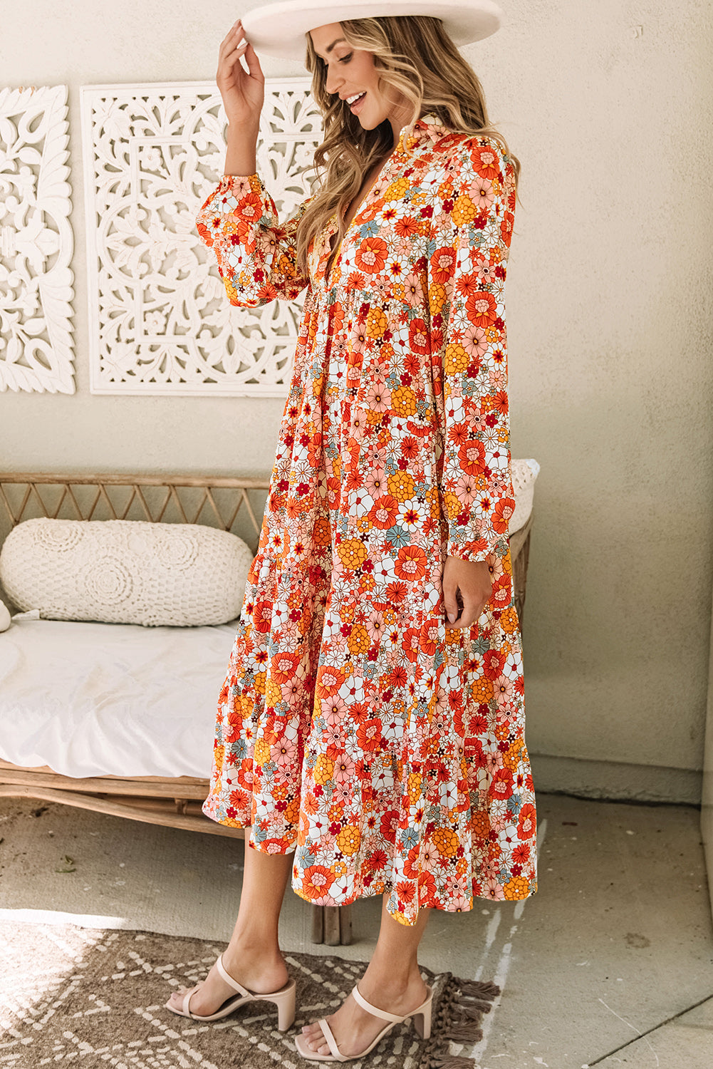 Boho Floral Collared Long Sleeve Ruffled Dress