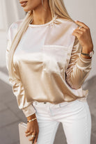 Glitter Chest Pocket Round Neck Long Sleeve Top