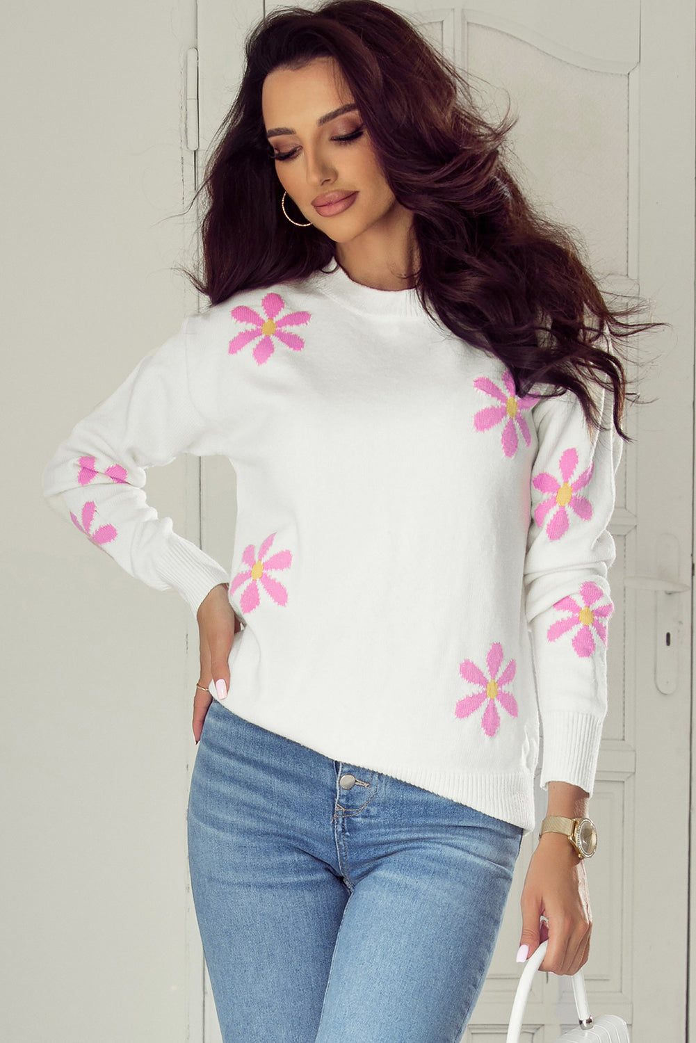 Flower Pattern Ribbed Edge Elegant Sweater