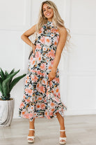 Boho Floral Print Knotted Halter Ruffled Maxi Dress