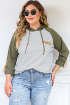 Striped Raglan Sleeve Buttoned Pocket Plus Size Hoodie