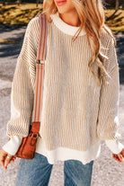 Striped Textured Knit Contrast Edge Loose Sweater