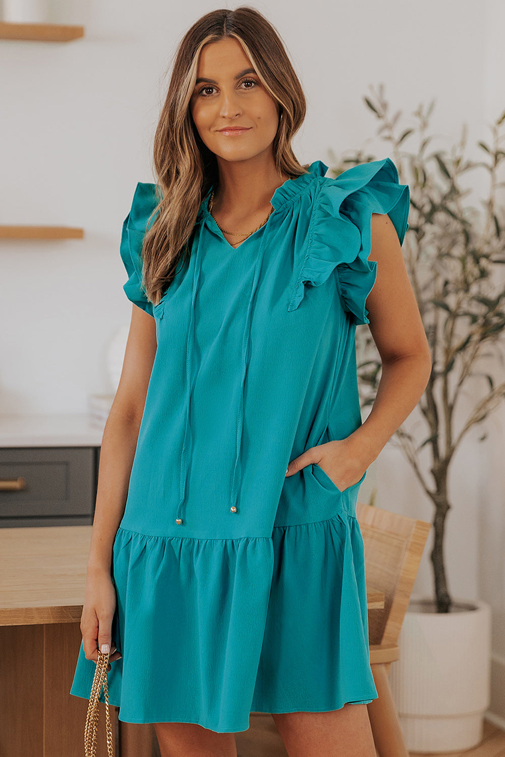 Tiered Ruffled Sleeves Mini Dress with Pockets