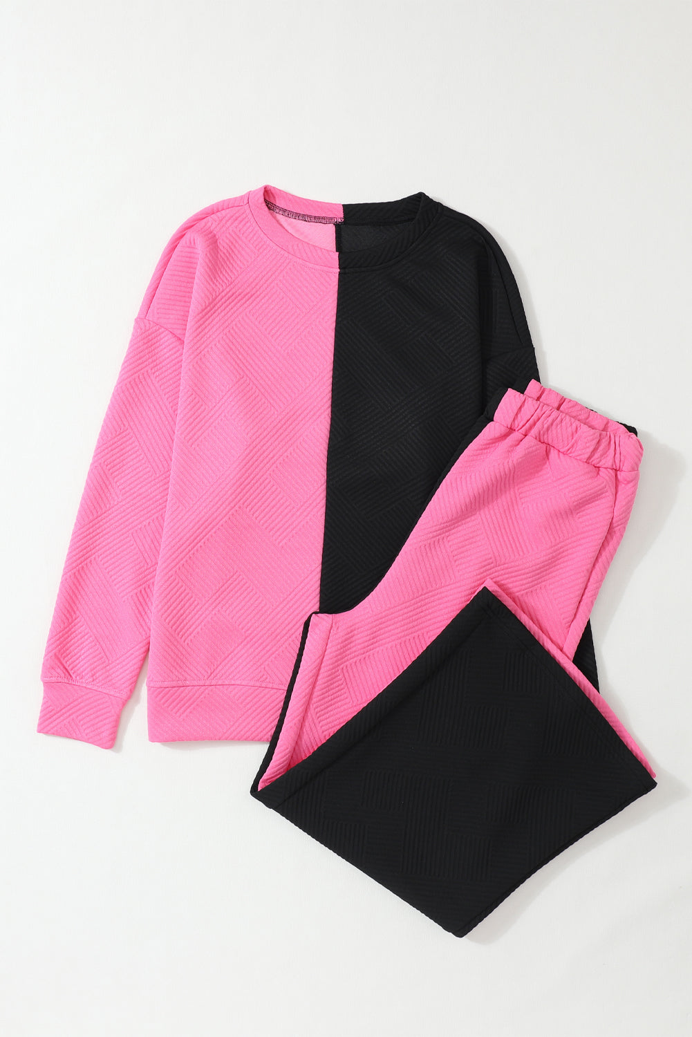 Contrast Color Block Textured Casual 2pcs Outfit