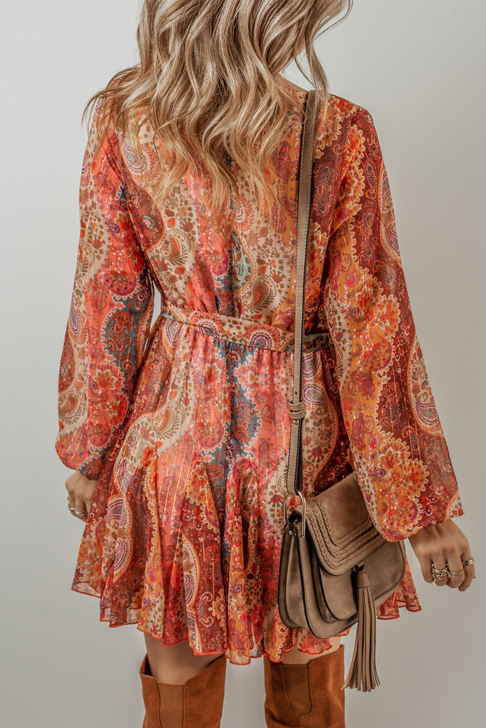 Boho Paisley Print Long Sleeve Pleated Belted Mini Dress