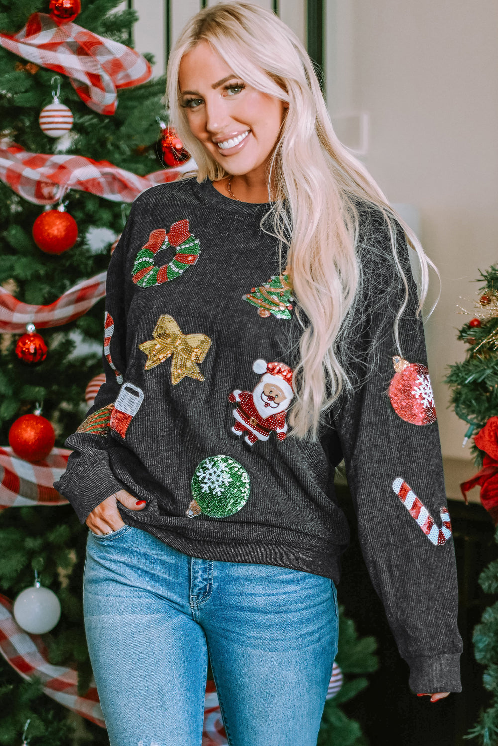 Sequined Christmas Graphic Corded Sweatshirt