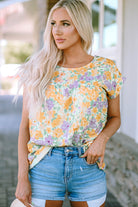 Floral Print Keyhole Back Short Sleeve Babydoll Blouse