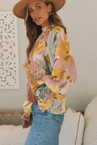 Floral Print Flounce Sleeve Mock Neck Blouse