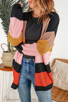 Multicolor Waffle Knit Color Block Open Front Cardigan