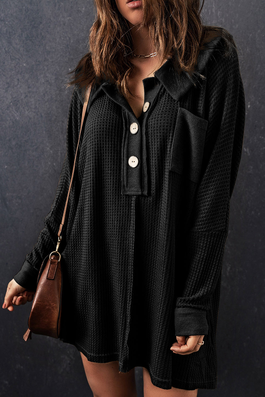 Waffle Knit Buttoned Long Sleeve Top