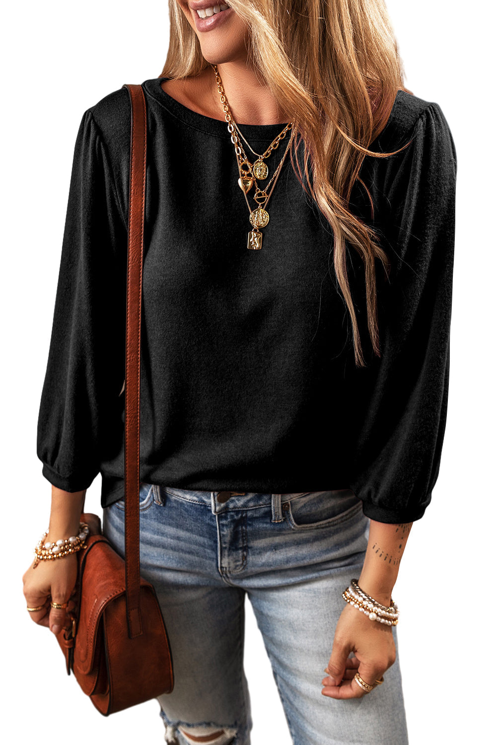 Solid Color 3/4 Sleeve Round Neck Blouse