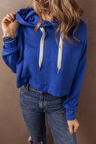 Solid Drop Shoulder Drawstring Cropped Hoodie