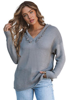 Gray V Neck Ribbed Drop Shoulder Hooded Sweater