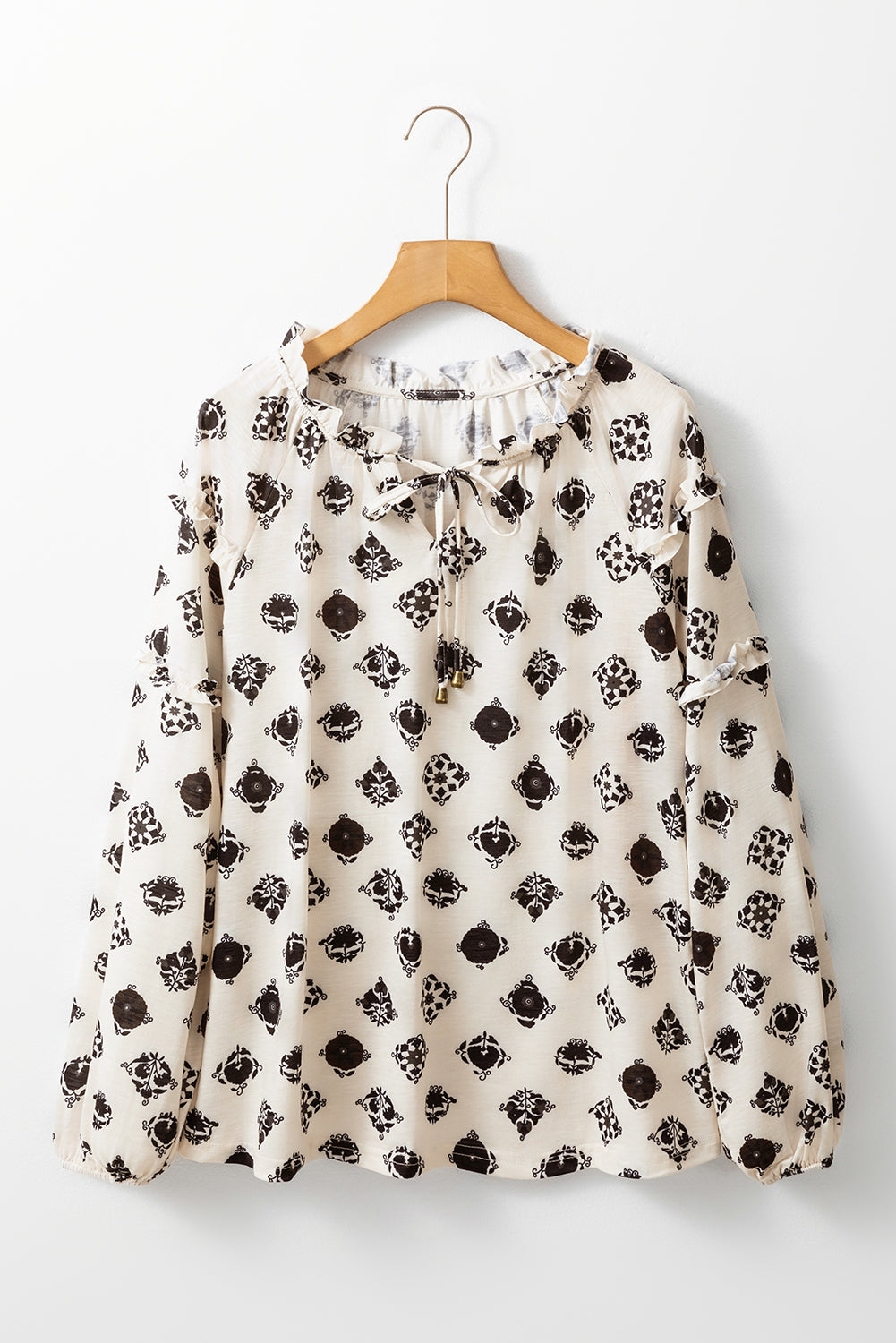 Printed Split Neck Bubble Sleeve Loose Blouse