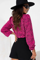 Leopard Print Pleated Blouse with Keyhole