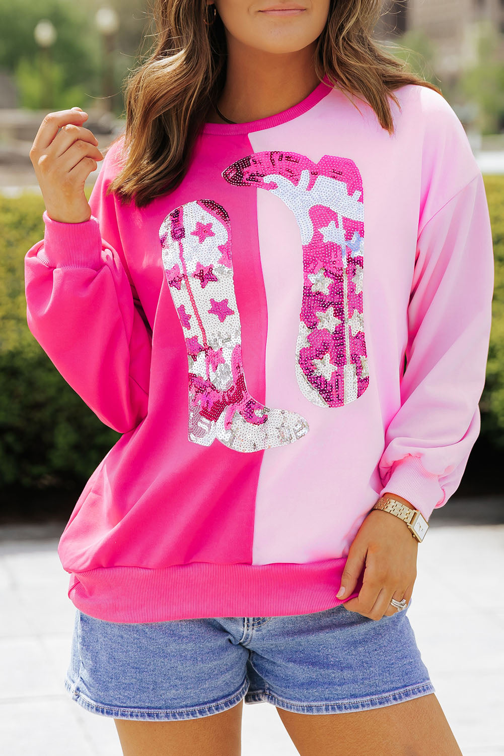 Color Block Sequined Cowgirl Boots Graphic Sweatshirt